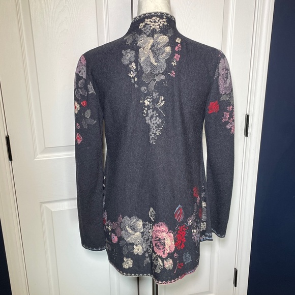 Ivko Cardigan Sweater Floral 100% Wool Knit A Line Red Gray Multicolor Medium - Picture 6 of 12